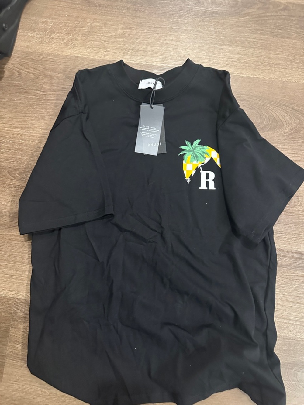Rhude F1 Black Tee with Yellow Checker Palm and White R Logo